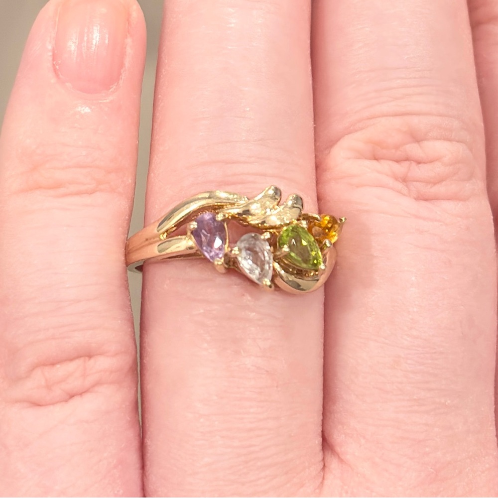 10K Rainbow Gemstone Ring, Swirl Aquamarine Peridot Citrine Amethyst Size 7.25 - Picture 3 of 13